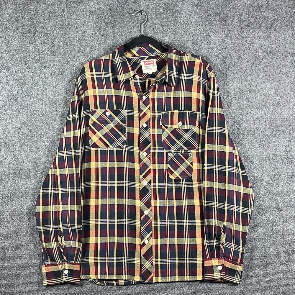 Levis Long Sleeve Plaid Button Up Shirt Tartan Blue Maroon Mens Size Large #3435
